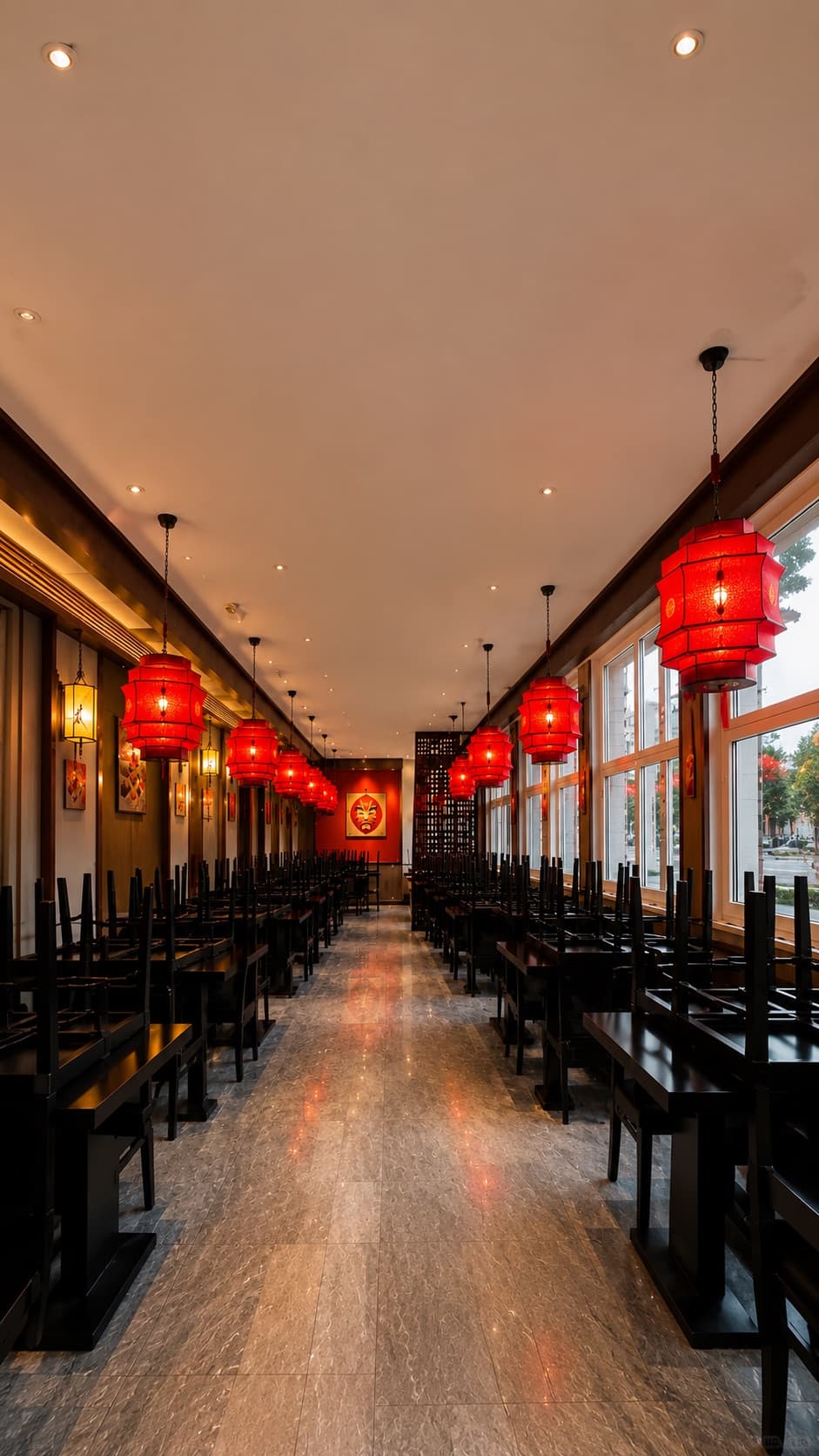 Innenraum des ChengDu Restaurant mit roten Laternen