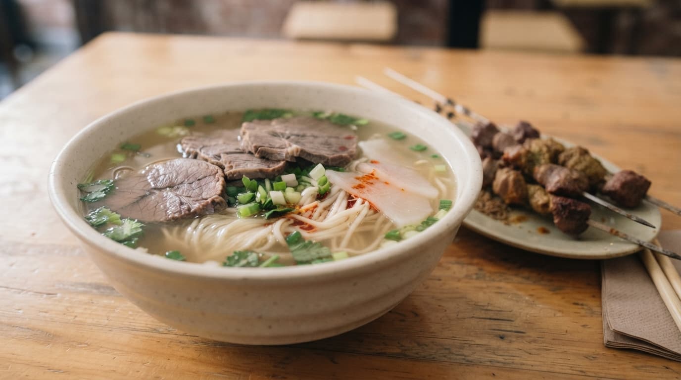 A bowl of clear-broth beef noodles and a plate of lamb skewers on a wooden table
