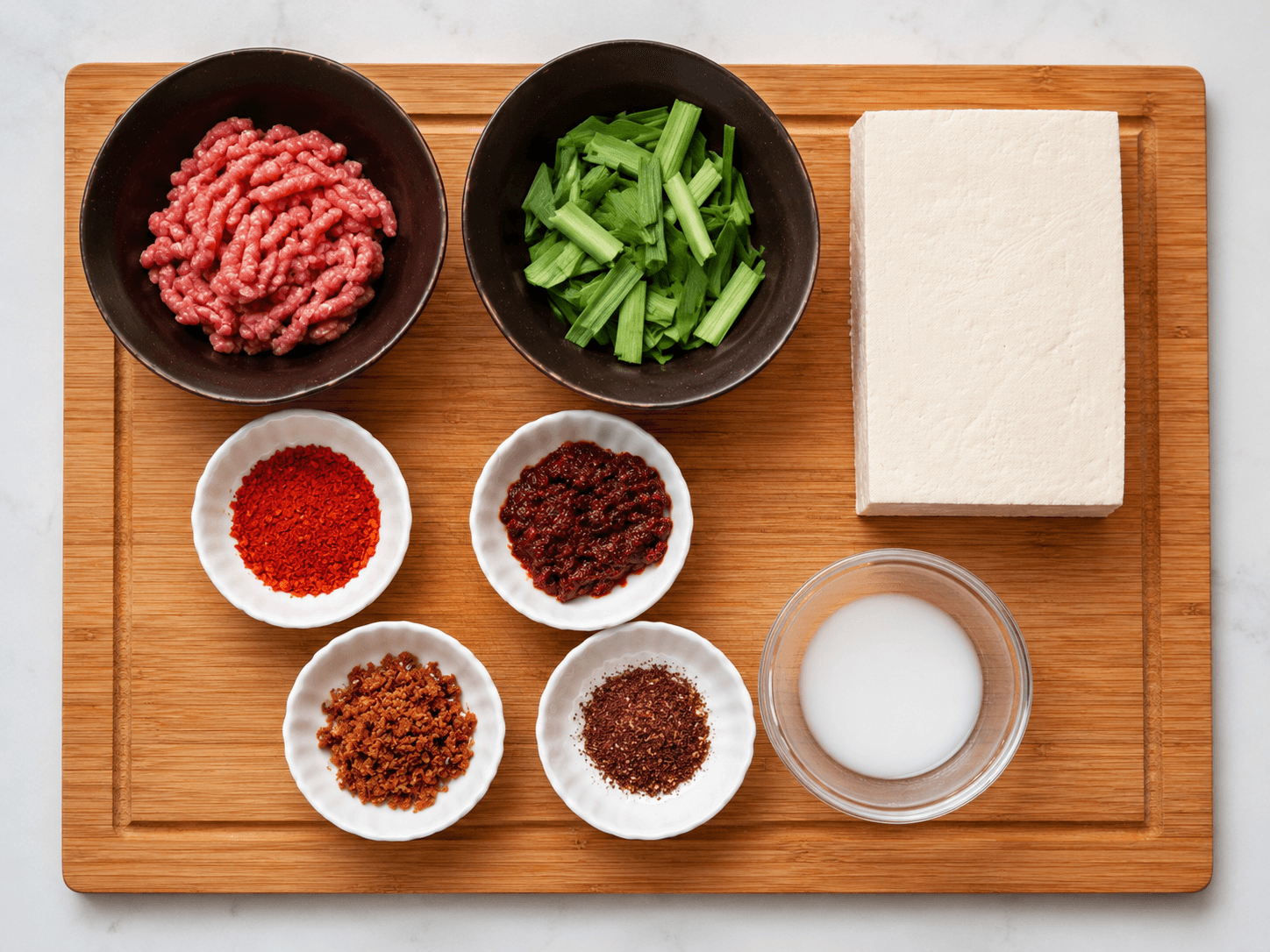 Tofu, Hackfleisch, Grün, Chilipulver, Doubanjiang, Sichuan-Pfeffer und Stärke-Wasser auf einem Brett