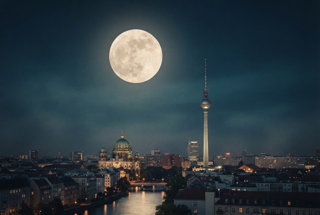 A full moon above Berlin’s TV Tower, cathedral and illuminated Spree