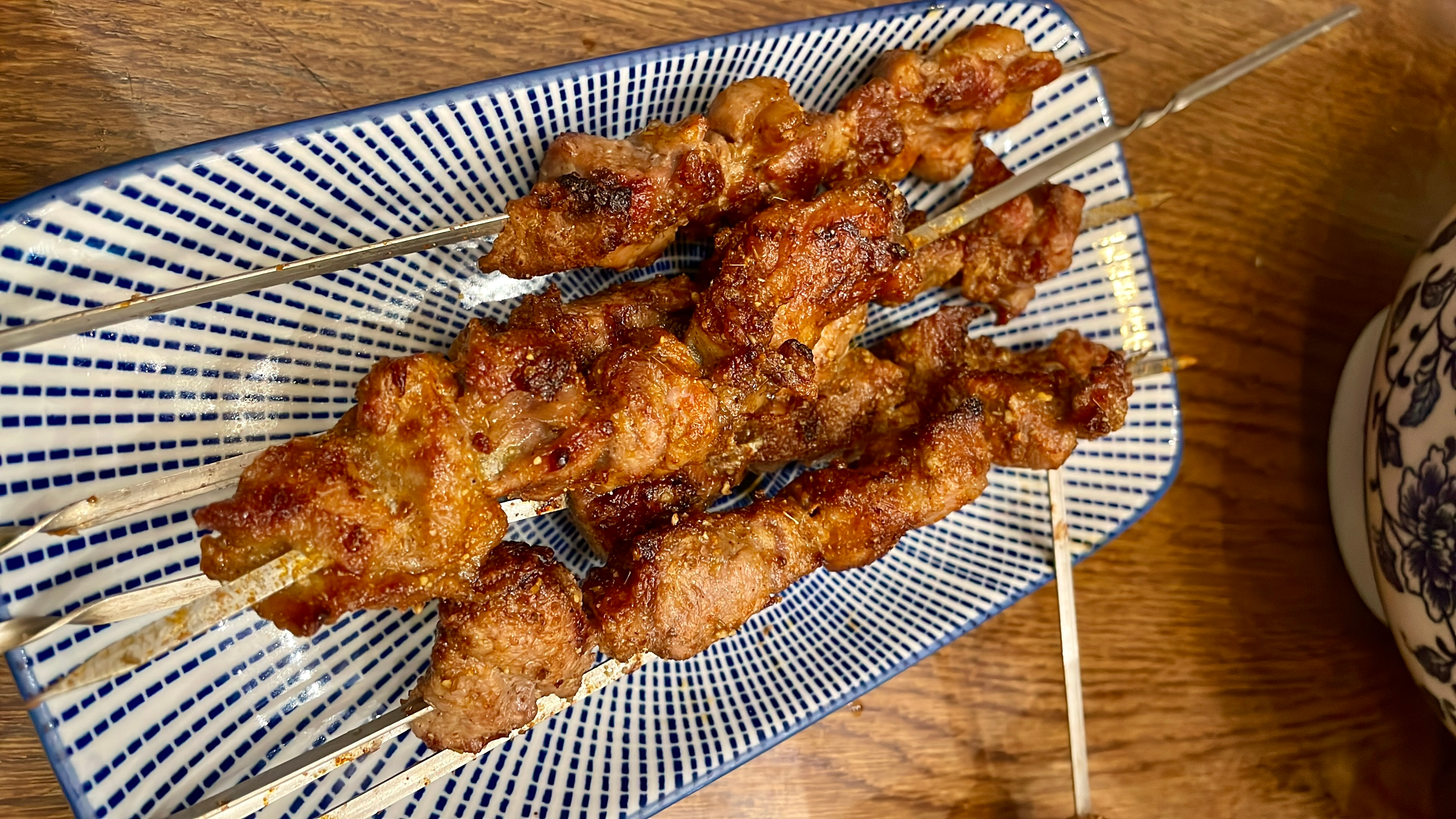 Close-up of skewers at Chen’s